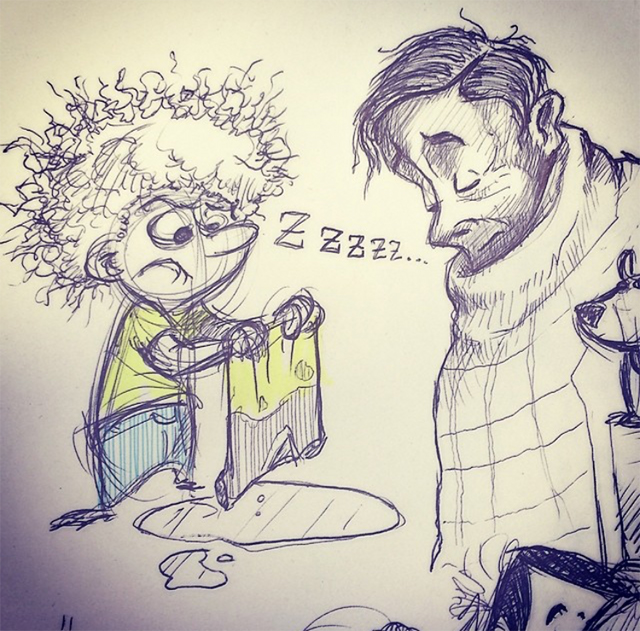 Pen drawing of a little man holding a wet shirt next to a sleeping man.