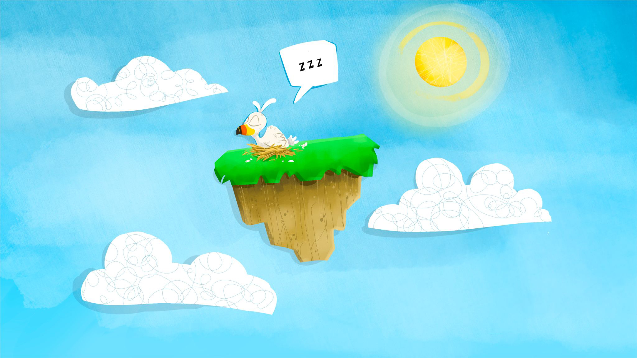 A drawing if a bird sleeping on a floating rock infornt of a blue sky.